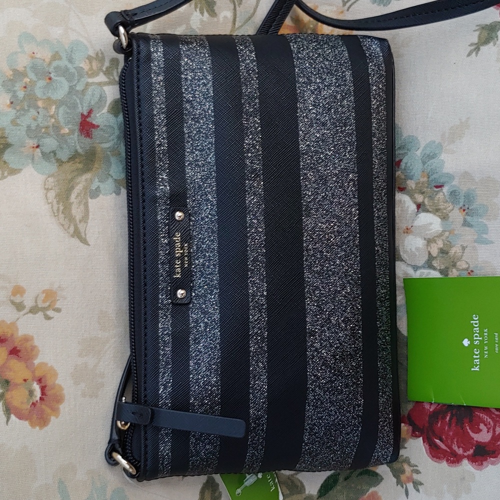 Kate Spade Haven Lane Ramey Leather Black Glitter Stripe Crossbody Bag NWT - Picture 14 of 15